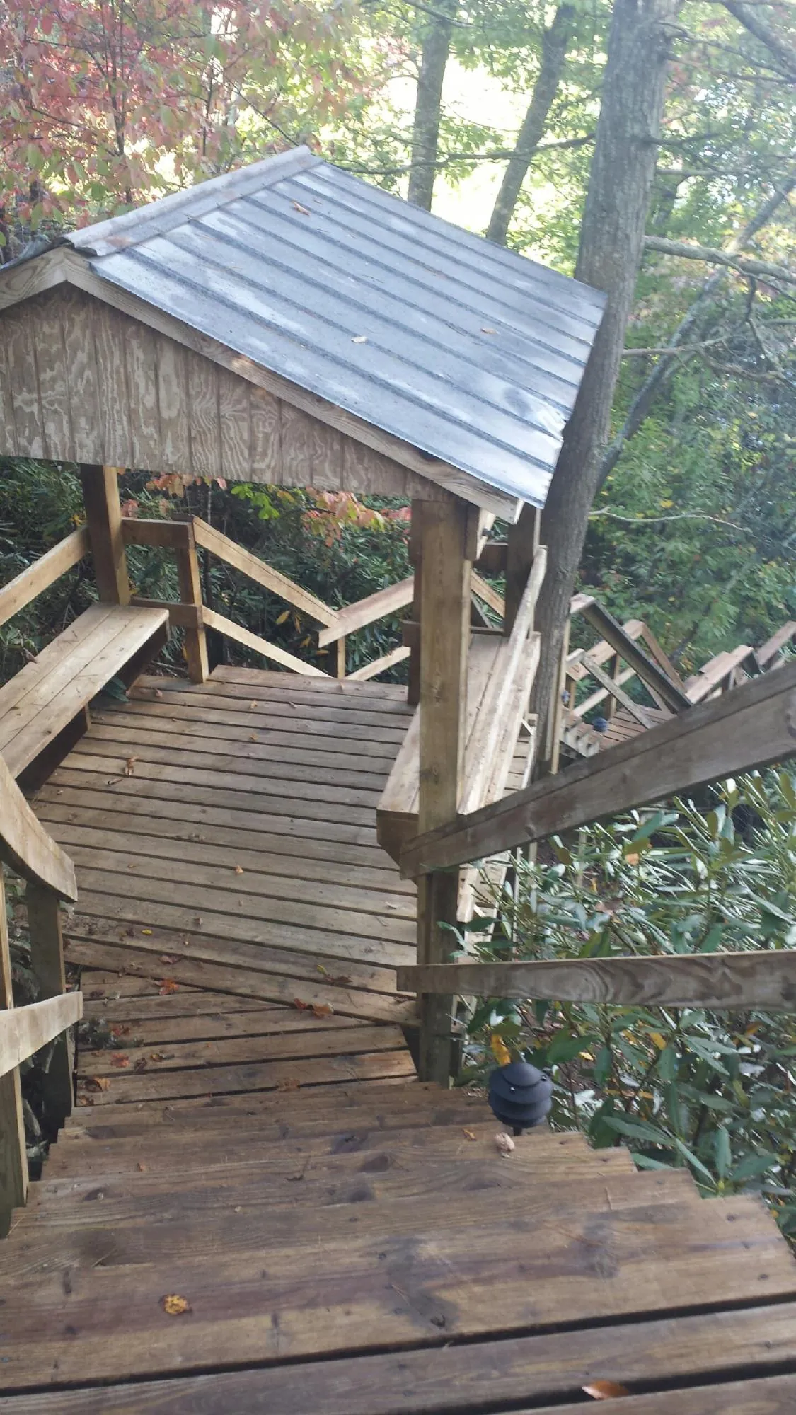Metal roofed shelter over wooden steps on a wooded walkway — Skylight Repair & Installation work by our crew in Zumbrota